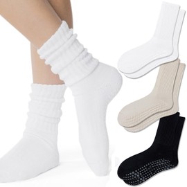 Fszsaa 3Pairs Pilates Socks with Grips Non Slip Yoga Hospital Tube Athletic Crew Socks for Women