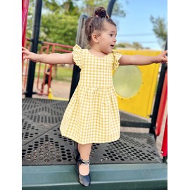 AGQT Baby Girls Plaid Dress Gingham Fly Sleeve Backless Summer Dresses Spring Smocked Birthday Easter Dresses Yellow Size 18-24 Months