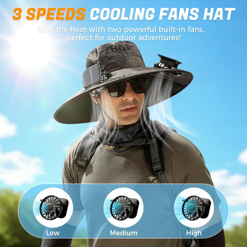 PickPeak Solar Fan Hat for Men Women, Wide Brim UPF50+