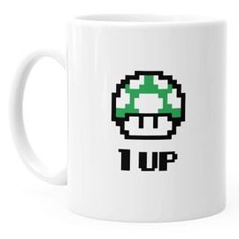 MoonWorks Coffee Cup Birthday Retro Pixel Mushroom 1-Up Mushroom Level-Up Gaming Console 90s White One Size