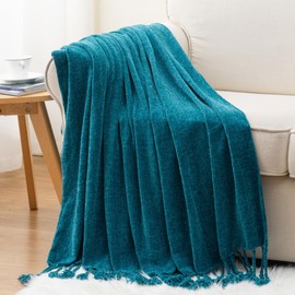 BATTILO HOME Chenille Throw Blanket for Couch, Soft Warm Cozy Knitted Throw Blanket with Tassels, Lightweight Chenille Knit Throw Blanket Suitable All Season (Teal)