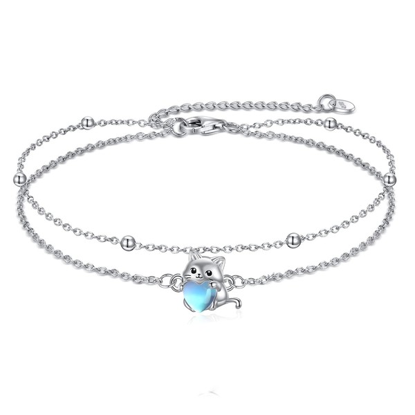 HOPEEZZ Cat Moonstone Bracelet Sterling Silver Cat Brecelet Jewelry Gift