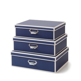 Soul & Lane Decorative Cardboard Storage Boxes with Lids and Label Holders - Set of 3, Memory Boxes for Keepsakes, Office Photo Storage for Pictures, Photo Albums, Documents, Stationery, Heritage Blue