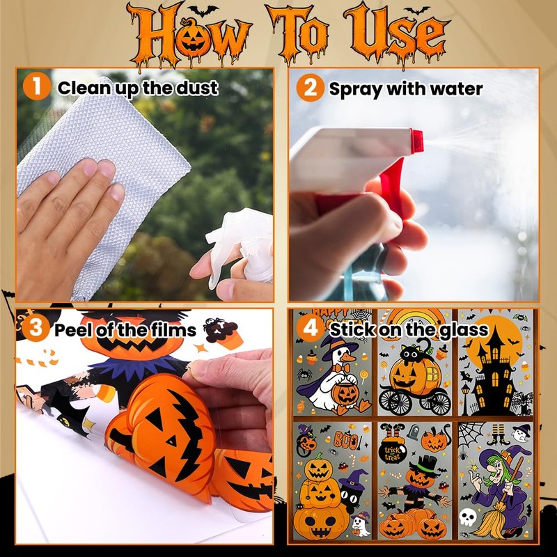 XIMISHOP 8 Sheets 174 Pcs Reusable Halloween Pumpkin Witch Window