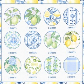 24 Sheets Lemon Pattern Paper 12'' x 12'', Mediterranean Lemon Scrapbook Paper Pad, Royal Blue and White Double-Sided Patterned Cardstock for Card Making, Origami, Scrapbooking, DIY Photo Album Decor