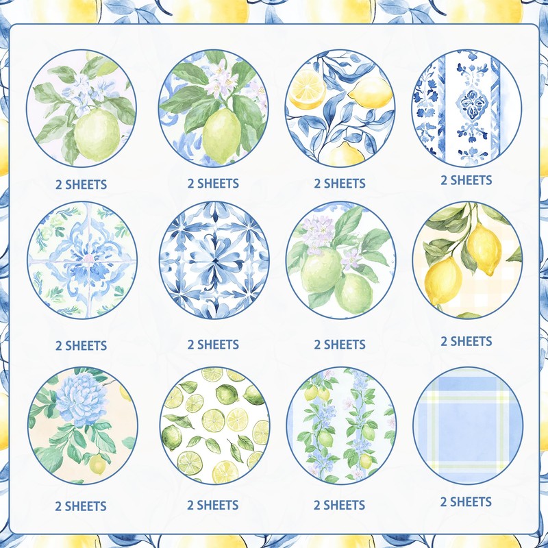 24 Sheets Lemon Pattern Paper 12'' x 12'', Mediterranean Lemon