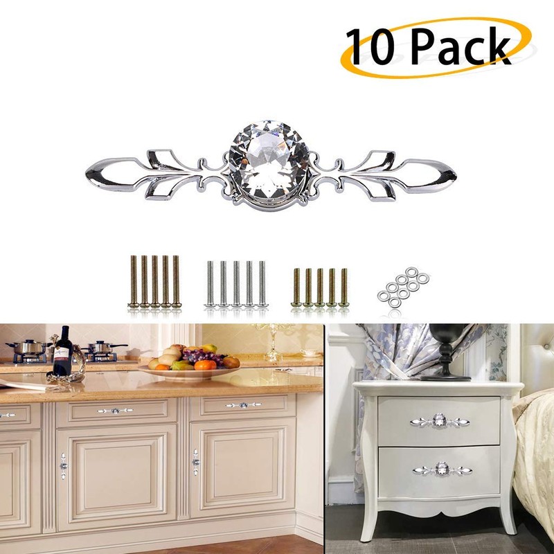 BSTKEY 10 Pack Crystal Drawer Knobs with Silver Plate -