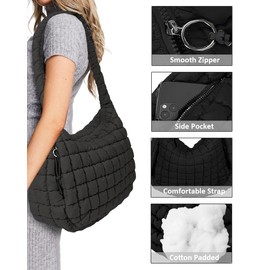 Puffer Tote Bag for Women Large Quilted Puffer Bag LightWeight Quilted Padding Hobo Bag Quilted Bag Black M