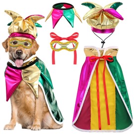 Locmeo 4 Pcs Mardi Gras Dog Costume Mardi Gras Clown Jester High Collar Cape Pet Accessories Set Golden Green Purple Dog Dress up with Mardi Gras Mask Collar Dress for Small Dogs Outfit Decor (Large)