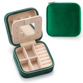 UJHAW Plush Velvet Jewelry Box | Travel Jewelry Case Organizer with Mirror | Necklace Earring Organizer Box | Best Gifts For Daughter, Girlfriend, Mom | Gifts For Her - Green