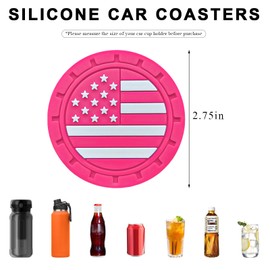 MUQIDA 4 PCS Car Cup Holder Coasters, 2.75 Inch American Flag Anti Slip Automotive Cup Holder Inserts, Shockproof US Flag Drink Mat Auto Interior Soft Pad Decor, Car Accessories (Rose Red)