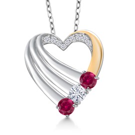 Gem Stone King 925 Silver and 10K Yellow Gold Red Created Ruby and Moissanite and White Lab Grown Diamond Heart Pendant for Women | 0.83 Cttw | Gemstone July Birthstone | With 18 Inch Chain
