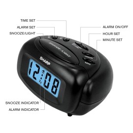 SHARP Digital Alarm Clock, Black, LCD Display, Battery Operated, Small, Travel Clock