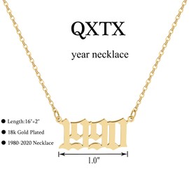 QXTX Birth Year Necklace,Year Necklace,18k Gold Plated Pendant Necklace for Women,1980-2020, Stainless Steel, No Gemstone