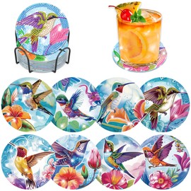 Lxmsja Pack of 8 Diamond Painting Coasters with Holder, Diamond Painting Birds Adults, Diamond Cup Coasters with Cork, Diamond Painting Pictures, Crafts, Adults, Women, Table Decoration