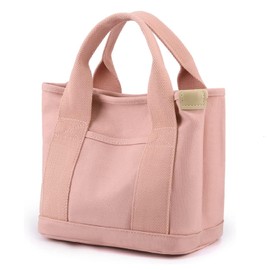 Small Canvas Tote Bag for Women,Mini Totes Bags with Pockets, Cute Bible Handbag with Zipper Travel Top Handle Purse with Compartments Satchel Handbags for Work,Shopping,Beach,no Long Strap,Pink