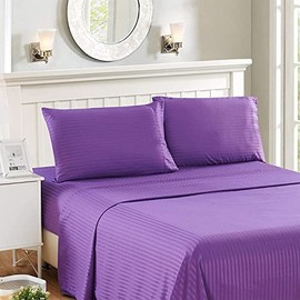 H&H Decor Hotel Premium 4 Pcs Sheet Set 100% Egyptian Cotton Stripe Pattern 600 TC 11-15 Inch Deep Pocket Size (Queen Color Purple