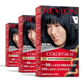 REVLON Revlon ColorSilk with Bond Repair Complex, Black Permanent Hair Color, 100% Gray Coverage, Ammonia Free Hair Dye, Vegan Keratin, 12 Natural Blue Black (Pack of 3)