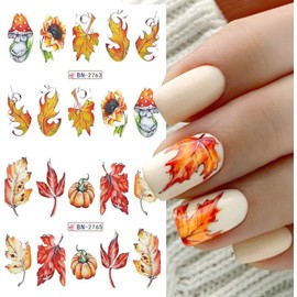 Fall Nail Stickers Maple Leaf Nail Art Decals Autumn Water Transfer Nail Foils Maple Leaves Pumpkin Pinecone Mushroom Design Nail Stickers Thanksgiving Day Nail Art Supplies for Women Decor 12 PCS