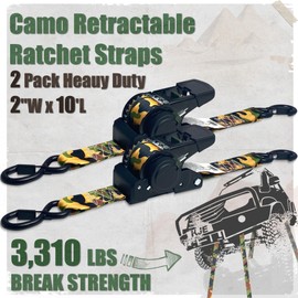 KJE Retractable Ratchet Tie Down Straps (2Pack), Camo 2" x 10' Heavy Duty - 3,310lb Max Break Strength, Upgrade S-Hook with Clip, Self Retracting Ratchet Strap for Motorcycle, Kayak, ATVs, Boats
