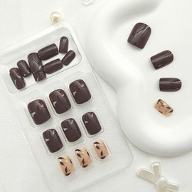Press on Nails Short Square Fake Nails Brown False Nails with Leaf Designs Full Cover Acrylic Nails Fall Nails Gold Glitter Glue on Nails Glossy & Simple Artificial Nails for Women 24Pcs