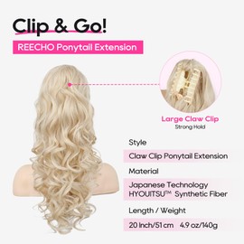REECHO Ponytail Extension, 20” Claw Clip Ponytail Extension Curly Clip in Ponytail Long Pony Tails Hair Extensions for Women Fluffy Natural Looking Synthetic Hairpiece, Light Blonde