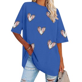 MOUSYA Baseball Shirts Women Oversized Baseball Mom Tshirt Baseball Heart Graphic Tee Blue