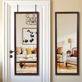PexFix Door Mirror Full Length 51"x18" Over The Door Rectangle Sleek Brown Frame Space Saving Floor Mirror Dressing Hanging Wall Mounted Mirror (US-MHJ002-BN+USAM019)