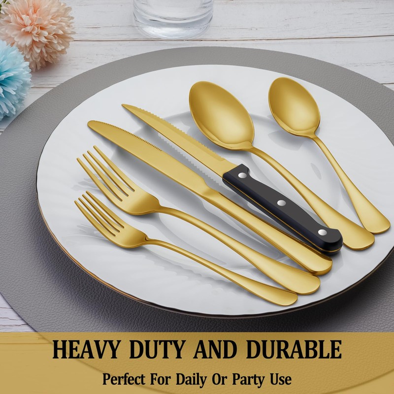 72 Pcs Gold Silverware Set with Steak Knives, Stainless Steel