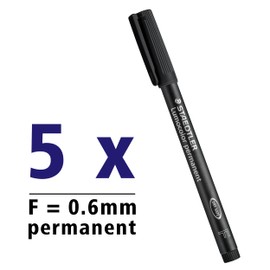 Staedtler Lumocolor 318-9X Permanent Foil Pen Smudge-proof and Waterproof on Almost All Surfaces, Line Width F 0.6 mm, Refillable, Long Life, 5 Black Universal Pens