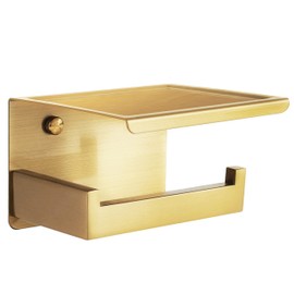 HITSLAM Gold Toilet Paper Holder, Stick on Brushed Brass Toilet Paper Holder with Shelf, Self Adhesive No Drill or Wall-Mount with Screws for Bathroom