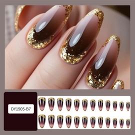 Almond Press On Nails Medium Fake Nails Gradient With Glitter Design Brown Full Cover Press Ons False Nails Artificial Stick On Nail Acrylic Glossy Glue On Nail For Women 24pcs