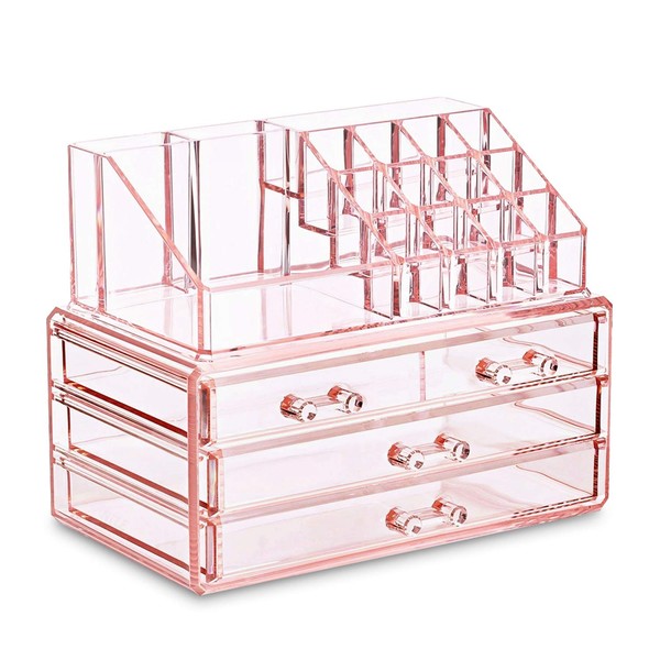 Ikee Design Pink Jewelry & Cosmetic Storage Display Boxes Two Pieces Set, Pink Cosmetic Jewelry Organizer Makeup Holder, Cosmetic Holder, Cosmetic Organizer for Vanity