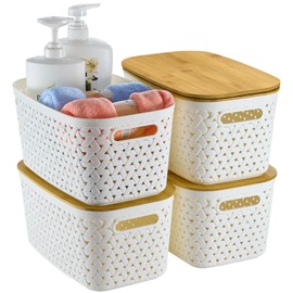 ZFTMRR Plastic Storage Bins with Bamboo Lids, Stackable Small Box Baskets for Organizing and Containers for Shelves Drawers Desktop Closet Pantry Classroom Office Home, 4 Pack 12x7.3x6.2 Inch, White