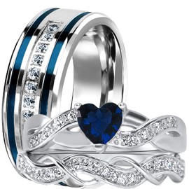 LaRaso & Co His and Hers 3 Piece Trio Sterling Silver Blue Wedding Band Engagement Ring Set