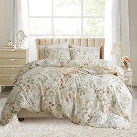 EAVD Vintage Garden Floral Comforter Set Queen White Soft Microfiber Bedding Set Chic Fresh Floral Leaves Aesthetic Bedding Set with 2 Pillowcases Reversible Botanical Comforter Set