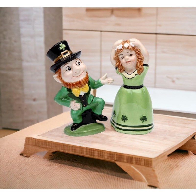 Fine Ceramic Irish Dancing Leprechaun and Girl Salt & Pepper