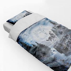 Zomer Bed Linen Set 135 x 200 cm 2-Piece Microfibre Bed Linen Duvet Cover with Moonlight Wolf Group Motif - 1 Fluffy Duvet Cover and 1 Pillowcase 80 x 80 cm