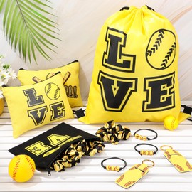 Paterr 60 Pcs Softball Party Favors Softball Gifts for Girls 12 Softball Drawstring Bag 12 Softball Makeup Bags 12 Softball Lipstick Holder 12 Elastic Hair Scrunchies 12 Bracelet for Softball Party
