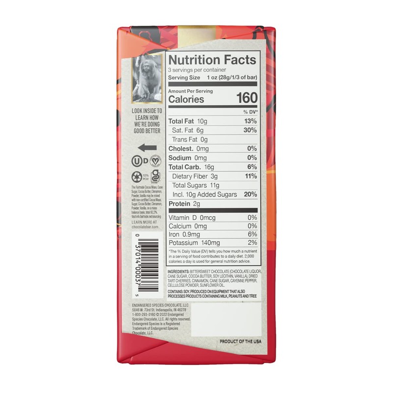 Endangered Species Natural Dark Chocolate Bar with Cinnamon Cayenne and
