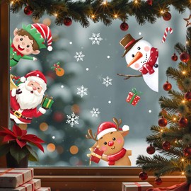 Mfault Christmas Elf Window Clings, Xmas Santa Claus Snowman Reindeer Snowflake Stickers Decals Decorations, Winter Holiday Gift Candy Holly Berries Home Kitchen Decor