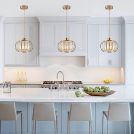 XSDeTu Gold Pendant Light Fixture, Modern Crystal Pendant Lights Kitchen Island, 1-Light Farmhouse Mini Chandelier, Adjustable Brass Hanging Light Fixture for Hallway, Bedroom, Dining Room