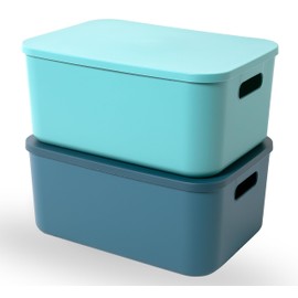 HapiLeap Plastic Storage Bins with Lid, Stackable Storage Containers for Organizing, Decorative Storage Baskets for Shelves Living Room Playroom Classroom Office (Medium 2PCS (Blue+Green))