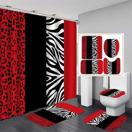 Plaid & Letter Pattern Decorative Bathroom Home Decor Set, 4counts Modern Non-slip Bathroom Decoration Set Including Water Proof Bath Curtain, Toilet Lid Mat & Bath Mat, Bath Rugs, Summer  Home Bathroom Accessories, Household Bundle - Color: black & whit