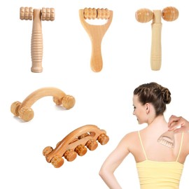 Wooden Massage Set, Set of 5 Fascia Sticks, Premium Massage Roller Wood, Massage Roller with Handle, Fascia Roller Wood, Maderotherapy Set, for Neck, Legs, Back, Body