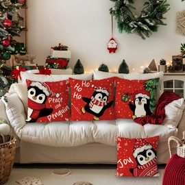 QIONG MENG Christmas Pillow Covers 18x18 Inch Set of 4 Penguin Christmas Decorations Pillowcase Xmas Red Throw Pillow Covers Home Sofa Living Room Decorative Cushion Case
