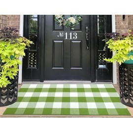 Buffalo Plaid Door Mats Outdoor 24''X35'' Green and White Checked Outdoor Rug Cotton Woven Washable Layering Door Mat for Welcome Mat Entryway Bedroom Living Room