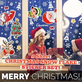 Christmas Window Stickers - 8 Sheets Xmas Decorations for Windows, Reusable Holiday Stickers for Christmas, Snowflakes, Santa, Reindeer, and Xmas Trees - Perfect for Home, Office, or School Decor