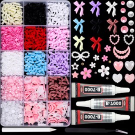 3D Nail Charms - 1000pcs Pearl Heart Star Moon Bowknot Flowers & Flatback Pearls with Picker Tools & 10ml B7000 Jewelry Glue for Nail Art