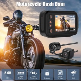 CAMECHO Motorcycle Camera Front and Rear IP65 Waterproof Motorbike Camera Dual Lens Motorbike Dash Cam with 32GB TF Card, 2" HD Display, Night Vision, G-Sensor, Loop Recording, DVR Dashcam